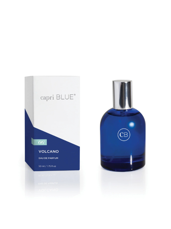 Blue perfume bottle with capri BLUE branding on a white background