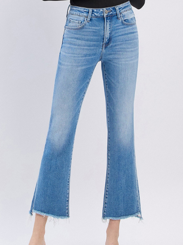 High Rise Slant Hem Crop Flare Jeans