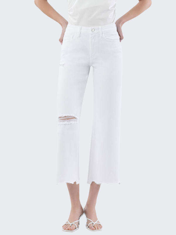 High Rise Uneven Raw Hem Crop Wide Jeans in White