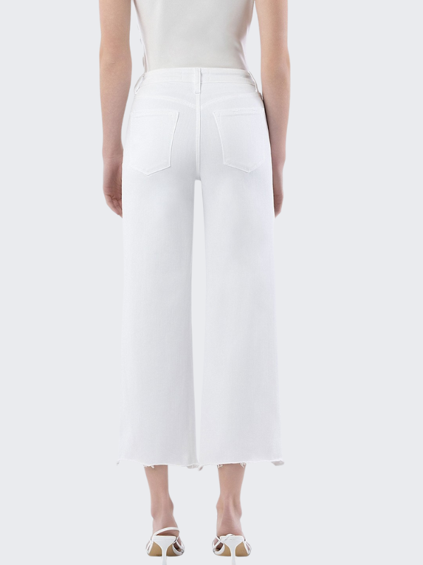 High Rise Uneven Raw Hem Crop Wide Jeans in White