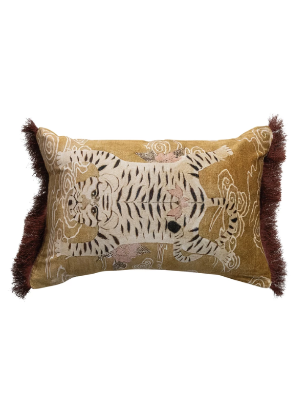 Tibetan Tiger & Fringe Velvet Pillow