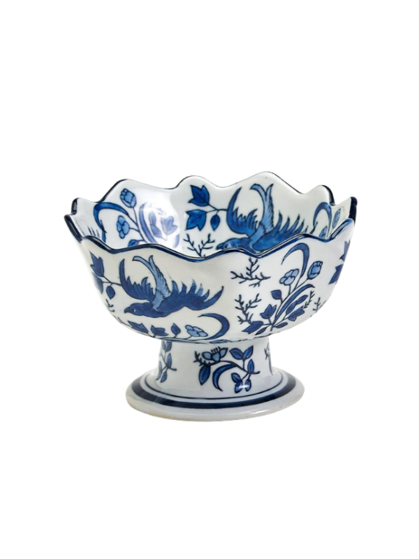Blue and White Scalloped Edge Footed Bowl