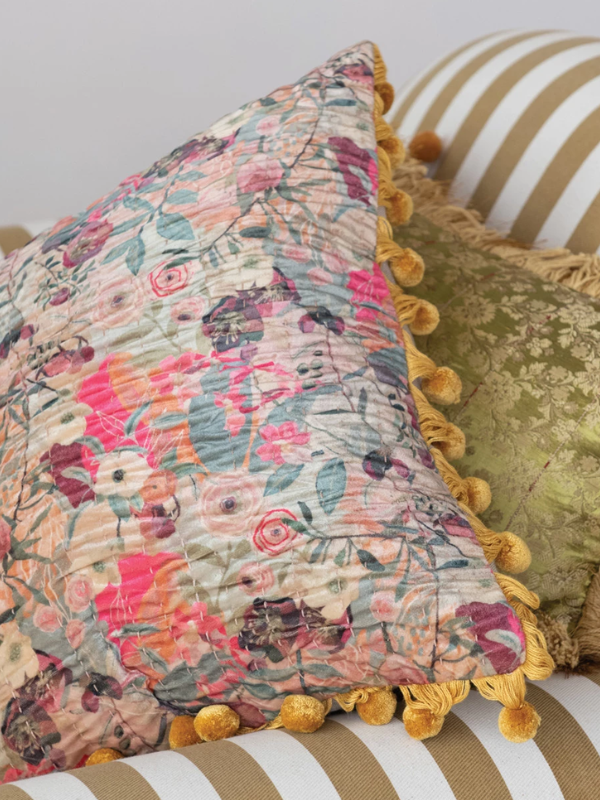 Colorful Velvet Printed Pillow with Pom Poms