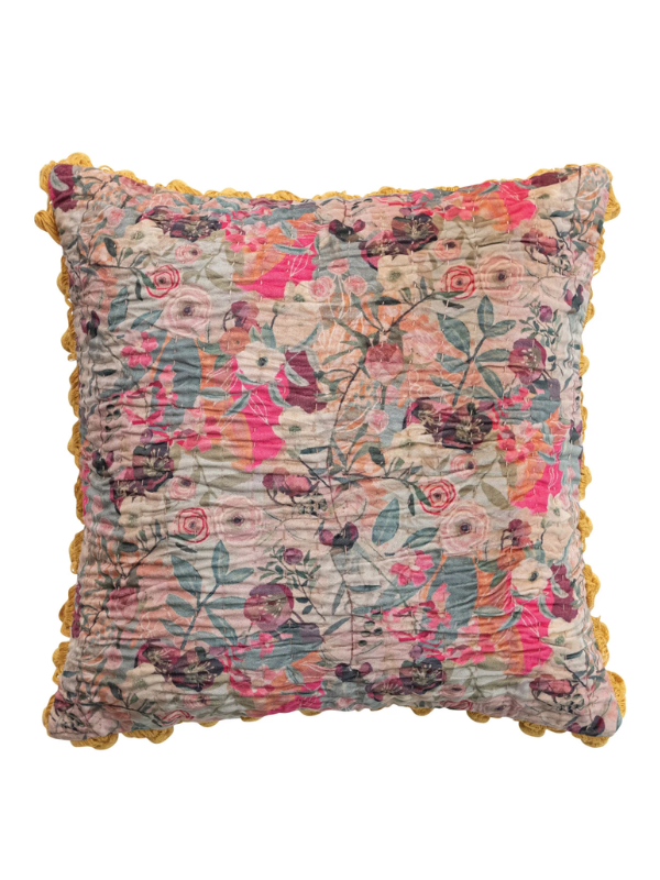 Colorful Velvet Printed Pillow with Pom Poms
