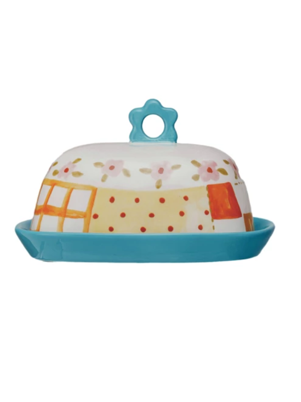 Hand-Painted Patterned Stoneware Butter Dish
