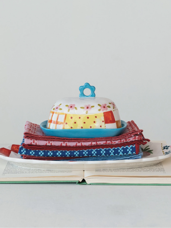 Hand-Painted Patterned Stoneware Butter Dish