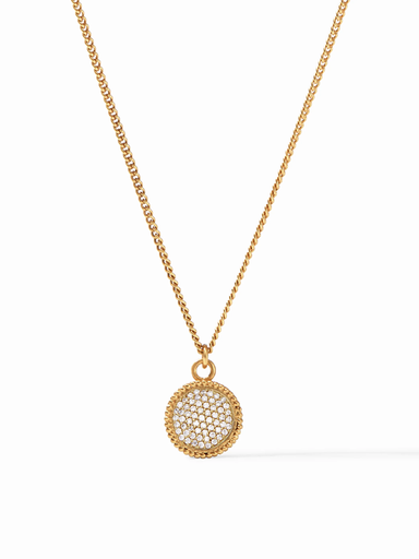 Gold necklace with a round pendant on a white background