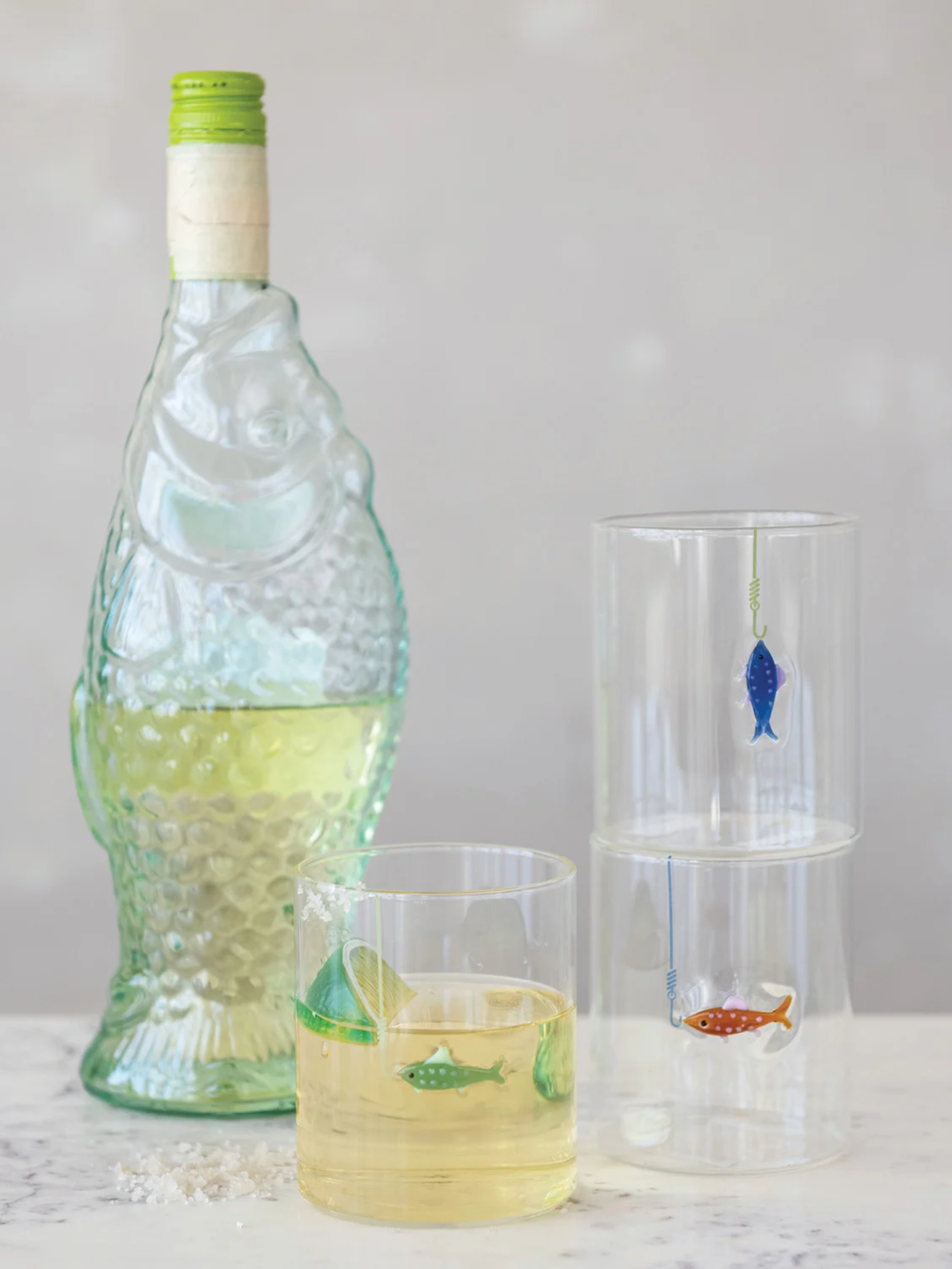 12 oz. Hand-Blown Drinking Glass with Fish On Hook- 3 Styles