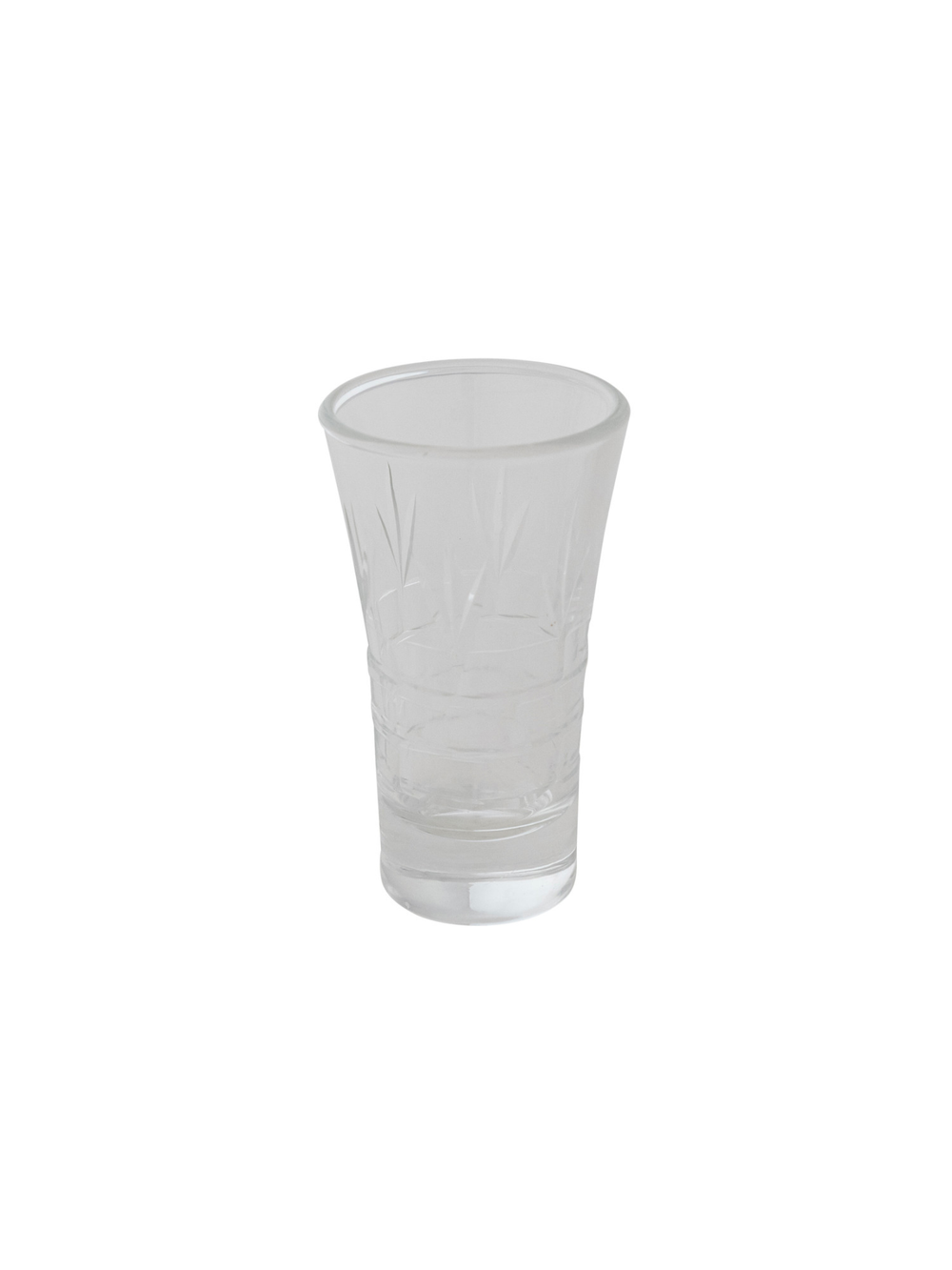 Clear vintage-style shot glass featuring delicate etched detailing and a classic tapered silhouette.