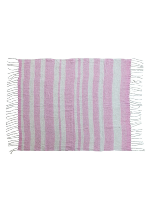 Pink and Natural Acrylic and Wool Throw Blanket
