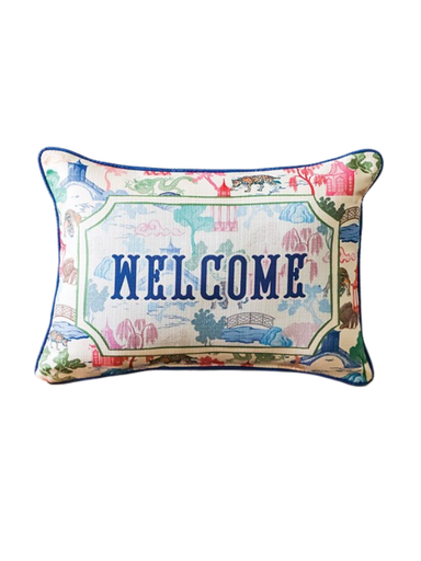 Colorful Chinoiserie Welcome Lumbar Pillow dorm home decor southern chic