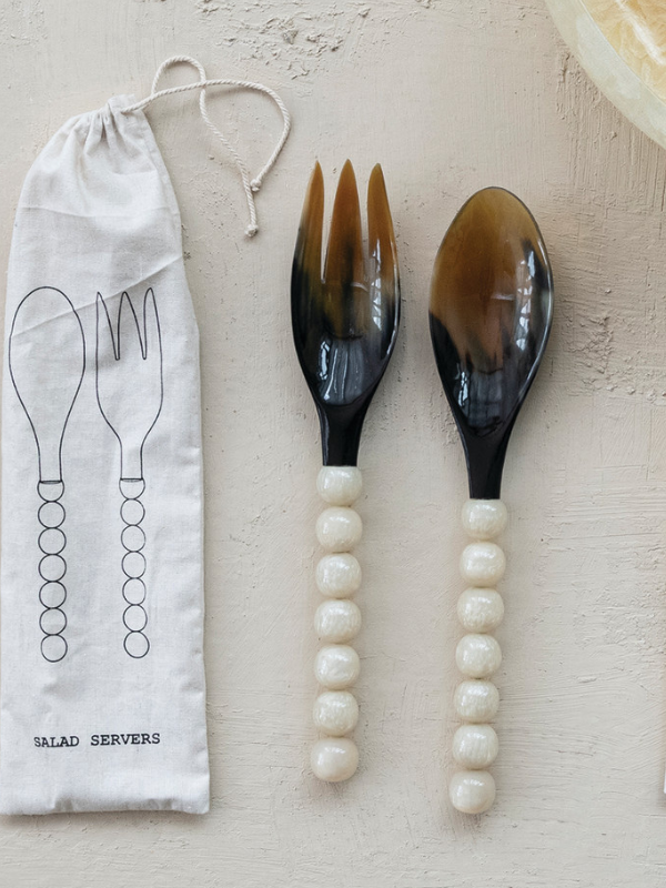 Natural Horn Salad Servers With Marbled Resin Handles