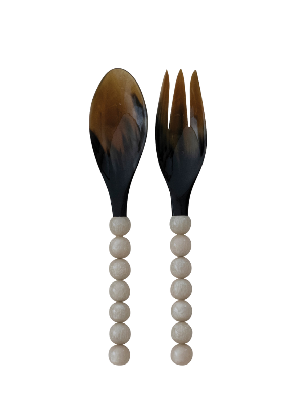 Natural Horn Salad Servers With Marbled Resin Handles