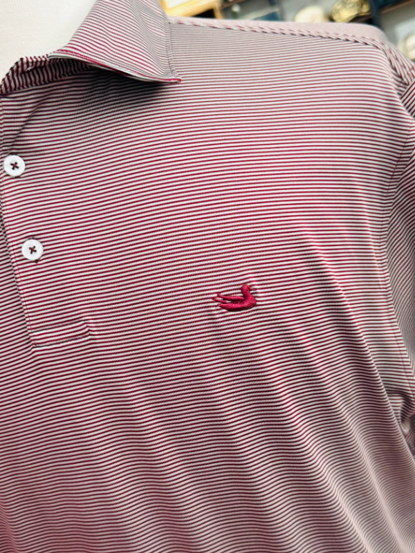 Meadowood Stripe Bermuda Performance Polo in Maroon & Gray By Southern Marsh