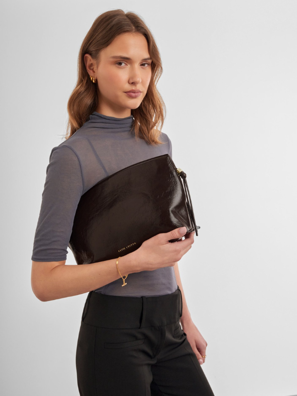 Freya Patent Crackle Clutch in Bitter Chocolate By Katie Loxton