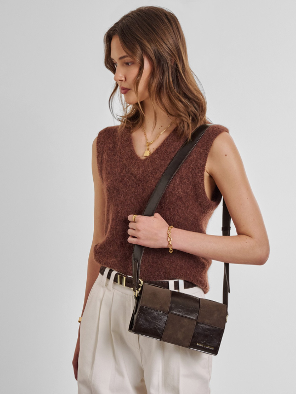 Taya Suedette Crossbody Bag in Bitter Chocolate Patent Crackle By Katie Loxton