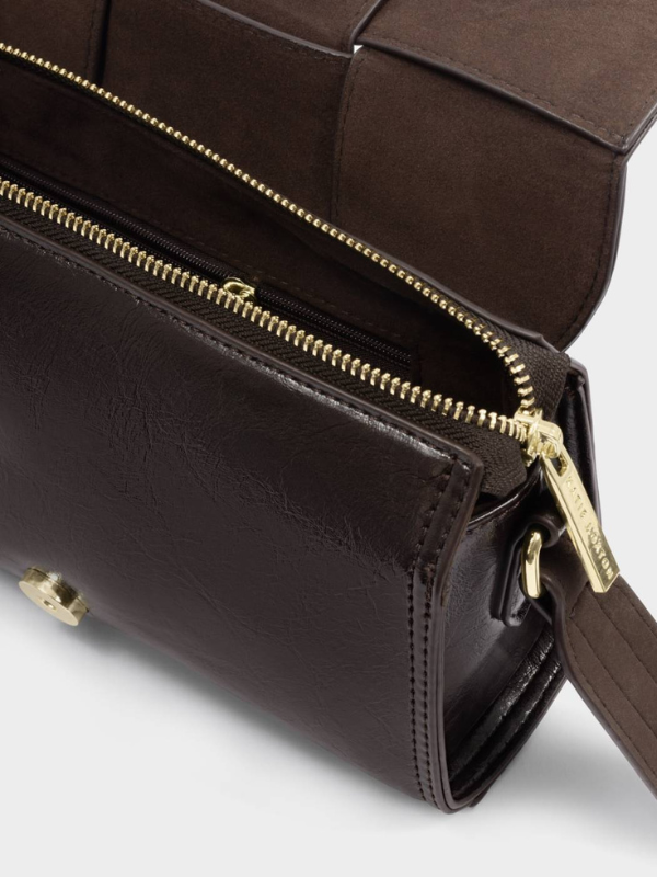 Taya Suedette Crossbody Bag in Bitter Chocolate Patent Crackle By Katie Loxton