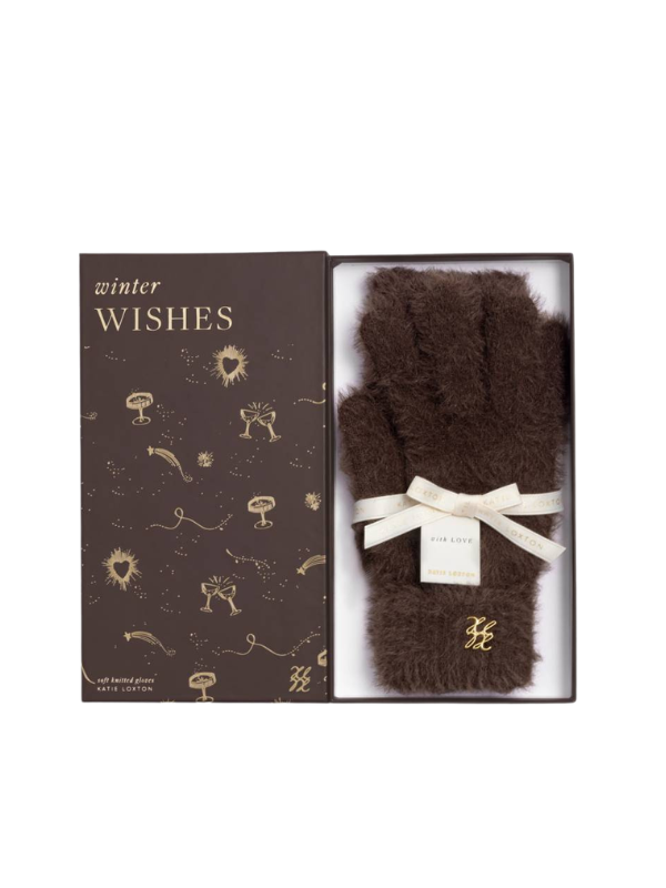 Chocolate Soft Knitted Gloves In Gift Box By Katie Loxton