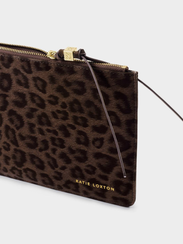 Chocolate Leopard Tassel Charm Patent Crackle Pouch By Katie Loxton
