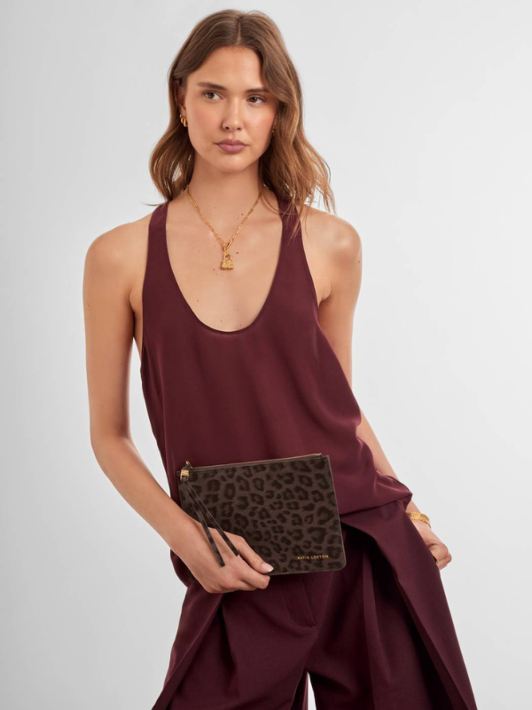 Chocolate Leopard Tassel Charm Patent Crackle Pouch By Katie Loxton