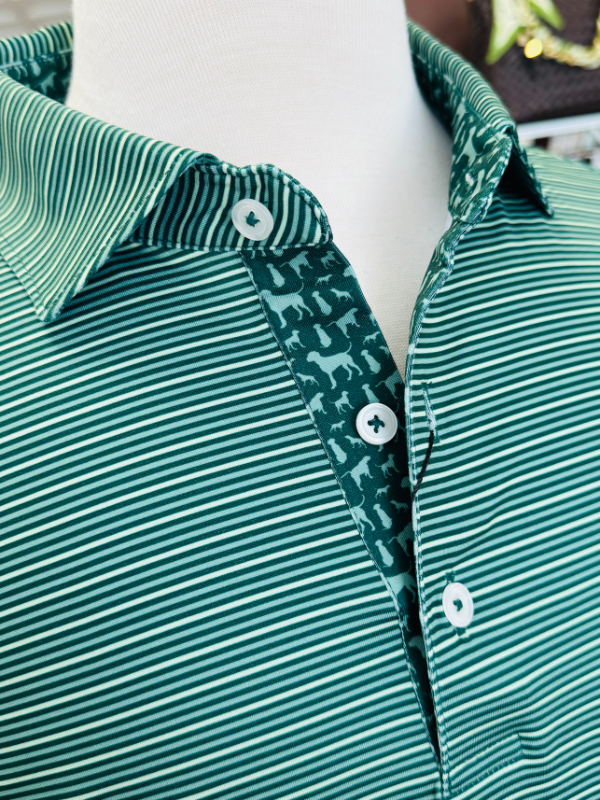 Glynn Stripe With Dogs Performance Polo in Forest & Sage By Struttin' Cotton