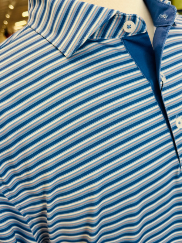 Miller Stripe Performance Polo in Blues & Tan By Struttin' Cotton