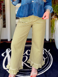 Olive green and cream gingham high-waisted pants with a ruffle bottom detail