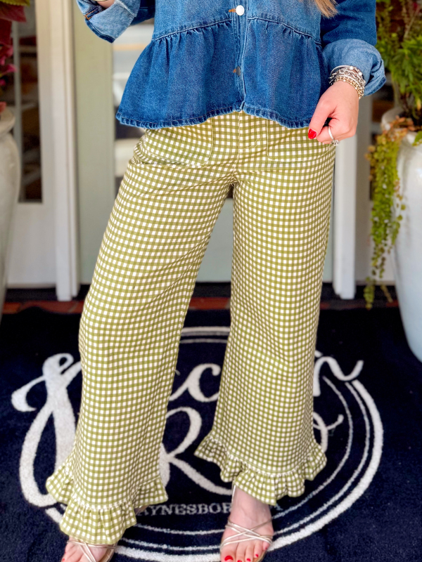 Olive green and cream gingham high-waisted pants with a ruffle bottom detail