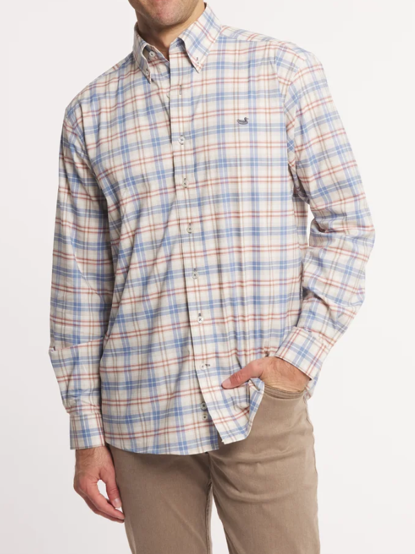 The Highlands Lattice Dress Shirt in Slate & Burnt Taupe by Southern Marsh