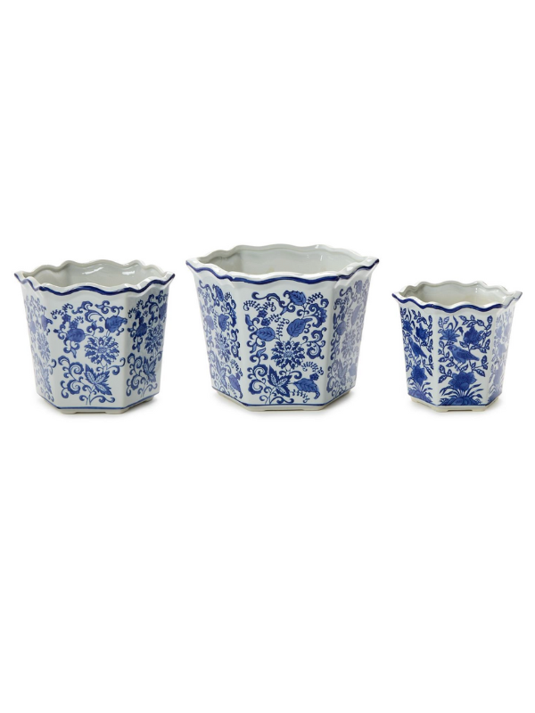 Hand-Painted Chinoiserie Blue and White Floral Hexagon Shape Planters (3 sizes)