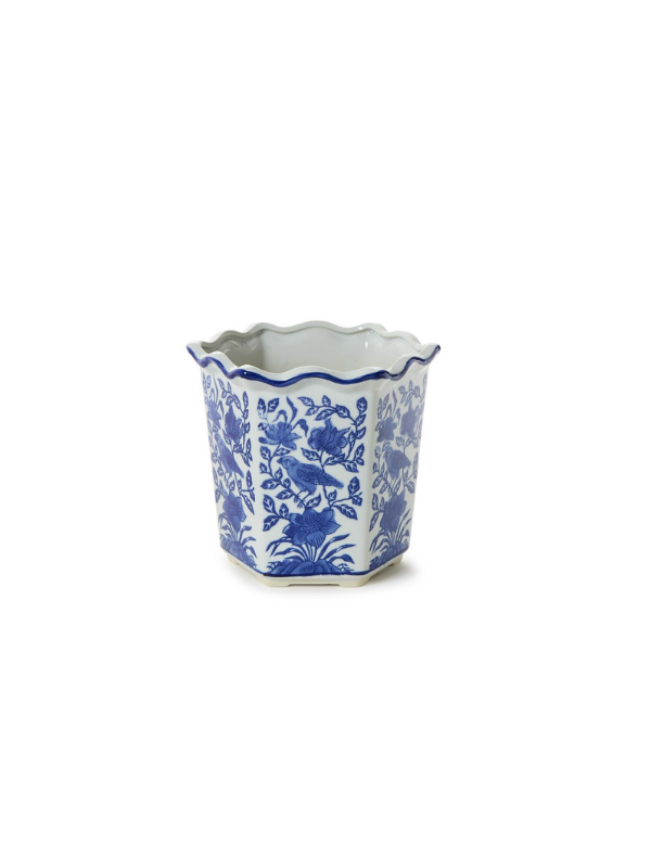 Hand-Painted Chinoiserie Blue and White Floral Hexagon Shape Planters (3 sizes)