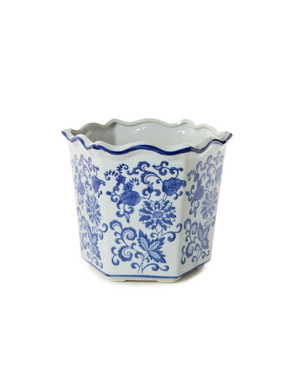 Hand-Painted Chinoiserie Blue and White Floral Hexagon Shape Planters (3 sizes)