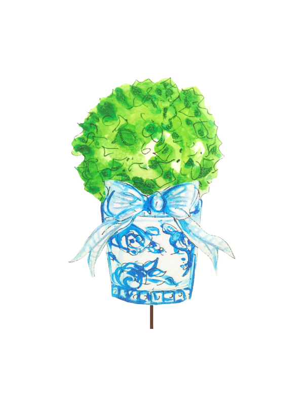 Blue Gingham Boxwood Pot