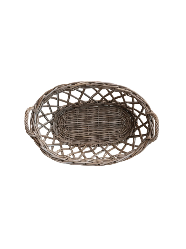 Grey Washed Hand-Woven Rattan Basket with Handles