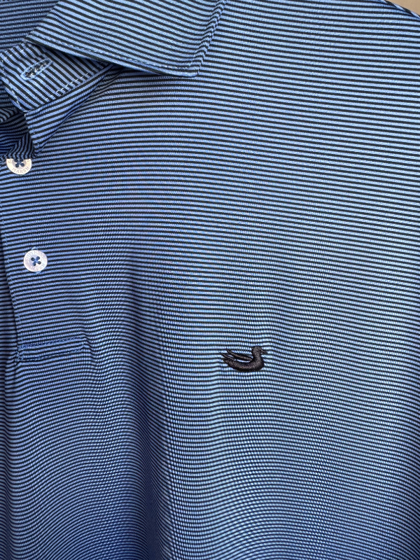 Meadowood Stripe Bermuda Performance Polo in Navy & French Blue By Southern Marsh