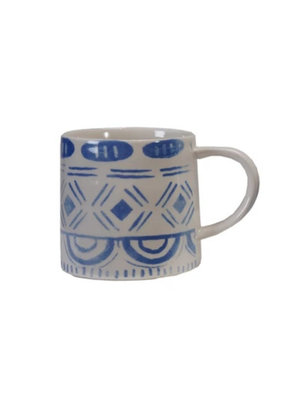 Blue & White Stoneware 14oz Mug with Tile Pattern