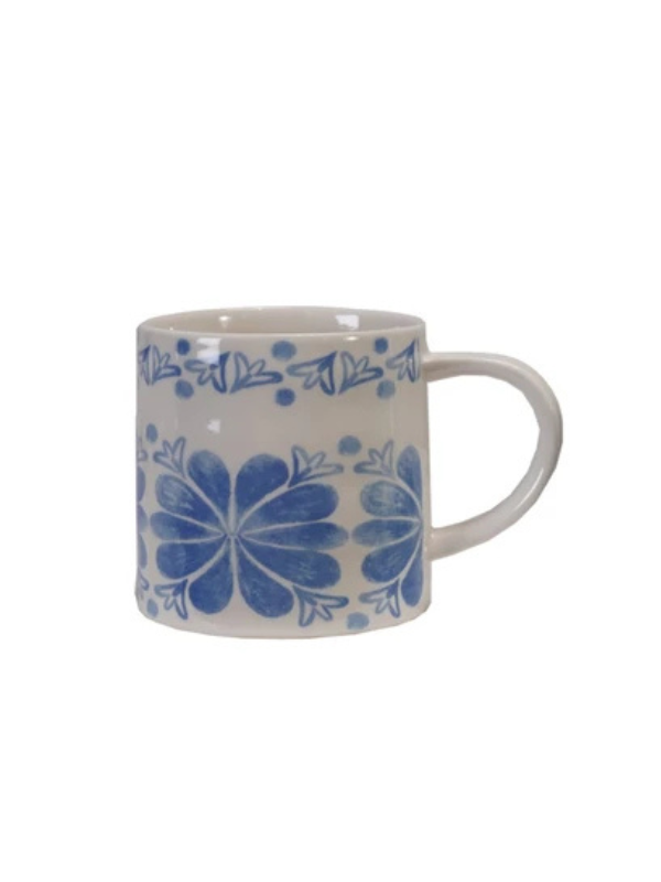 Blue & White Stoneware 14oz Mug with Tile Pattern