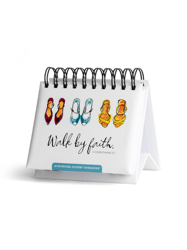 Small spiral-bound desk perpetual calendar with colorful shoe illustrations and 'Walk by faith' on the front