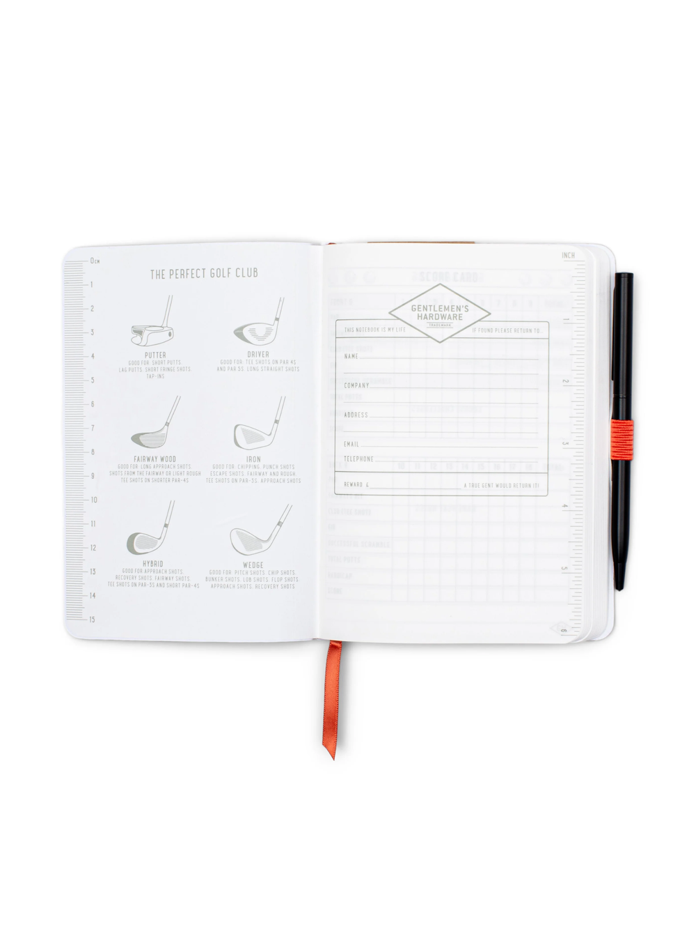 Open notebook with golf-themed pages and a pen