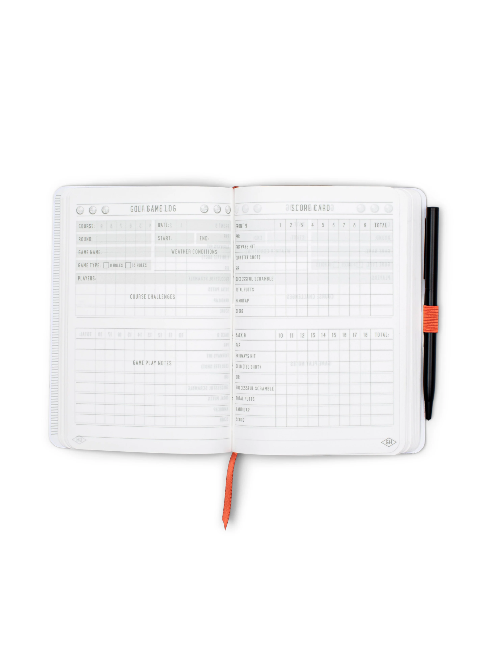 Open notebook with golf score card and pen