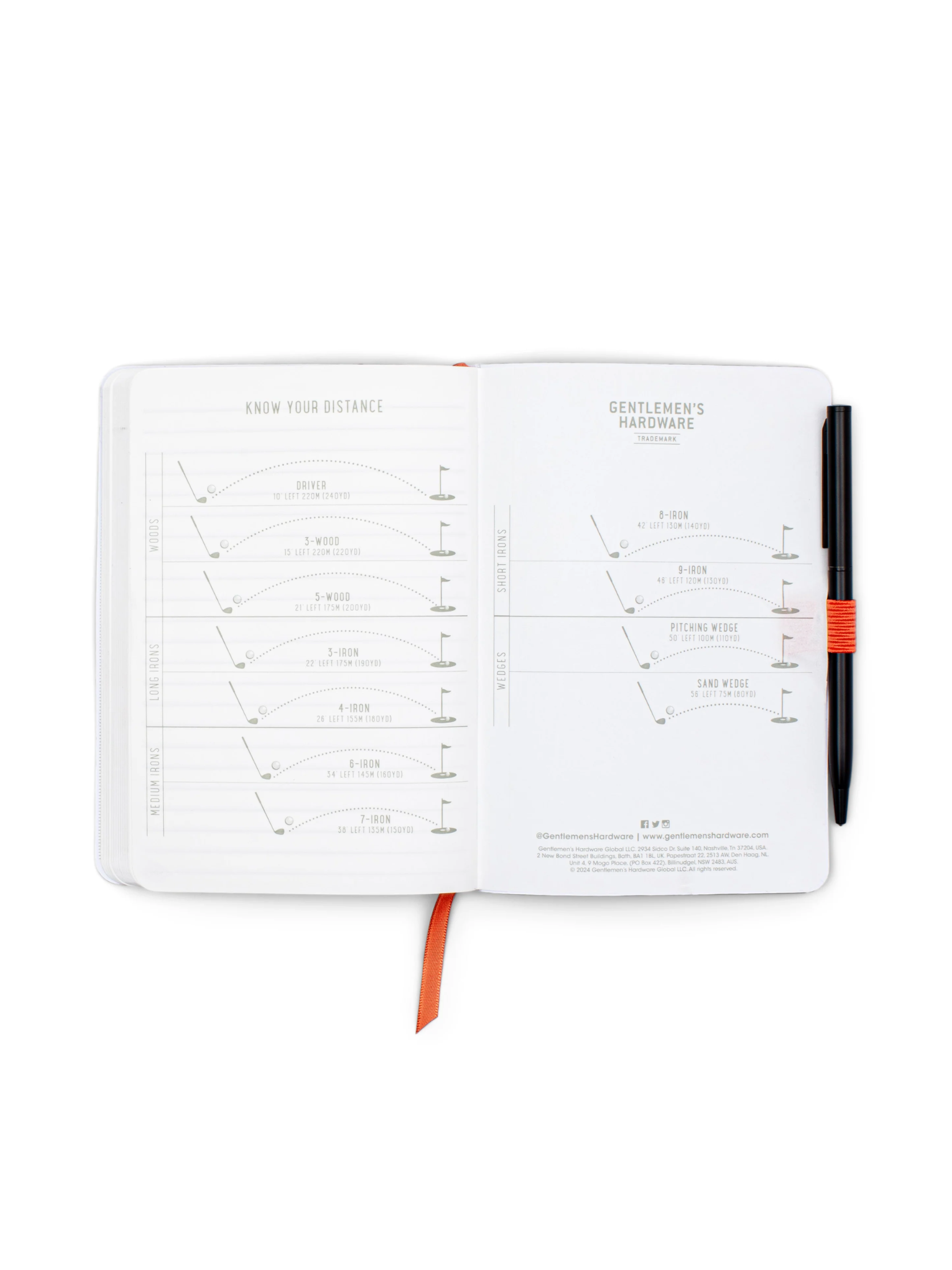 open golf notebook with distances 