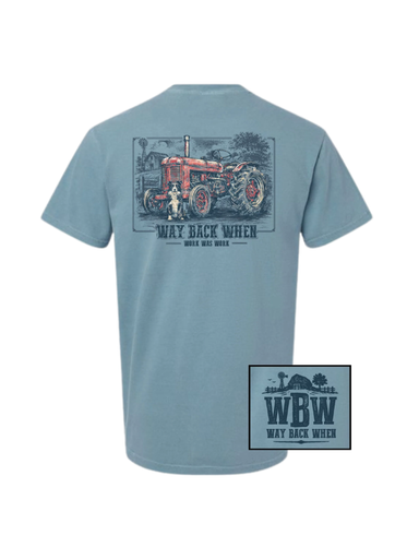 red tractor and dog on a blue tee
