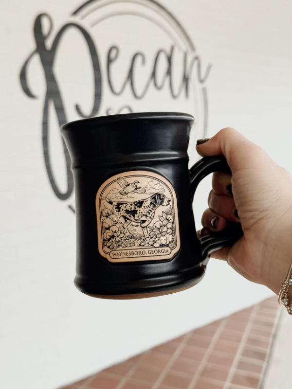 bird dog mug in black with a wide rim 