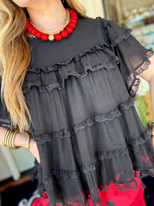 The Tina Tiered Ruffle Lace Trim Swing Top (S-L)