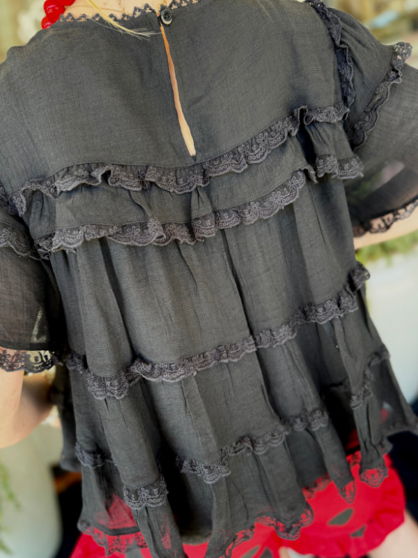 The Tina Tiered Ruffle Lace Trim Swing Top (S-L)