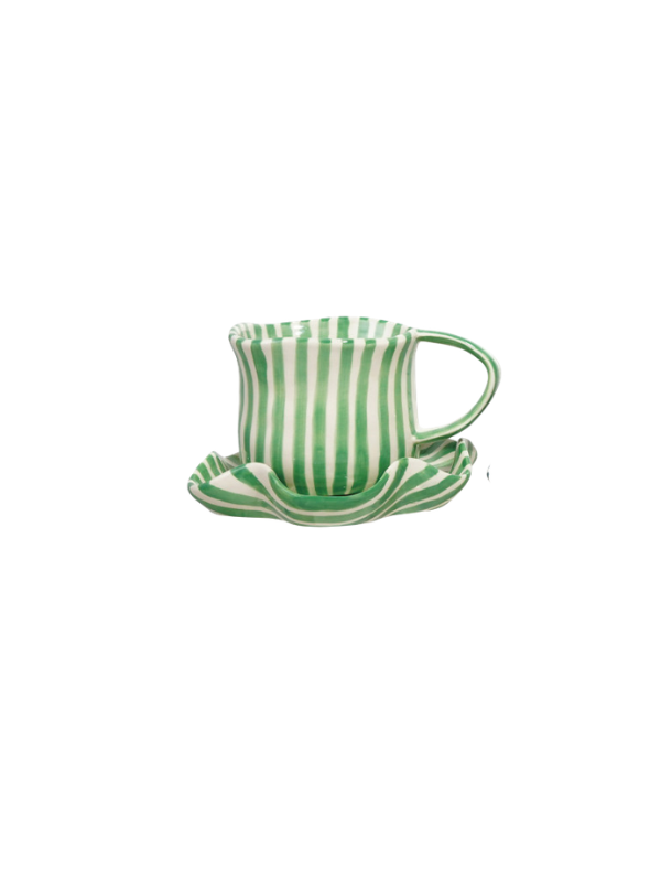 Hand Painted Stoneware Mug With Ruffled Saucer