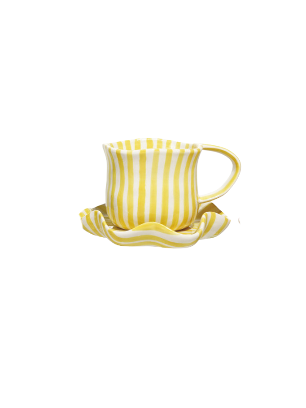 Hand Painted Stoneware Mug With Ruffled Saucer