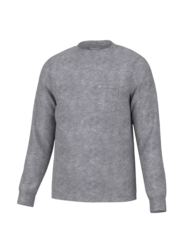 A heather gray long-sleeve crewneck shirt with a chest pocket, shown against a plain white background.