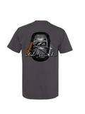 Welder helmet and wand on a charcoal color tee 