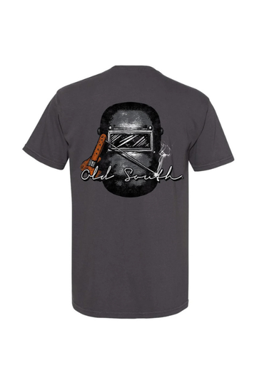 Welder helmet and wand on a charcoal color tee 